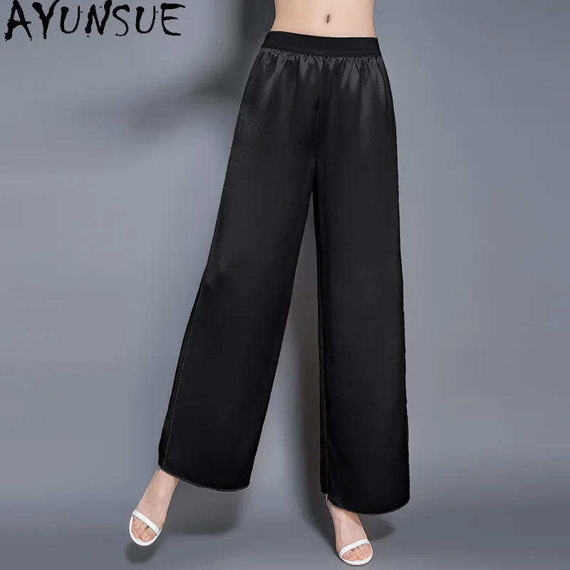 

Женские брюки из натурального шелка AYUNSUE, широкие брюки с эластичной резинкой на талии для женщин, свободные брюки прямого кроя, летняя одежда