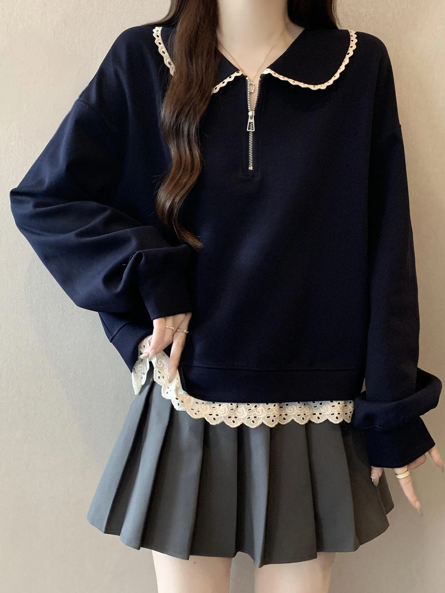 

Женская толстовка больших размеров с длинными рукавами, кружевной отделкой и воротником-стойкой, модный корейский стиль, цельный топ