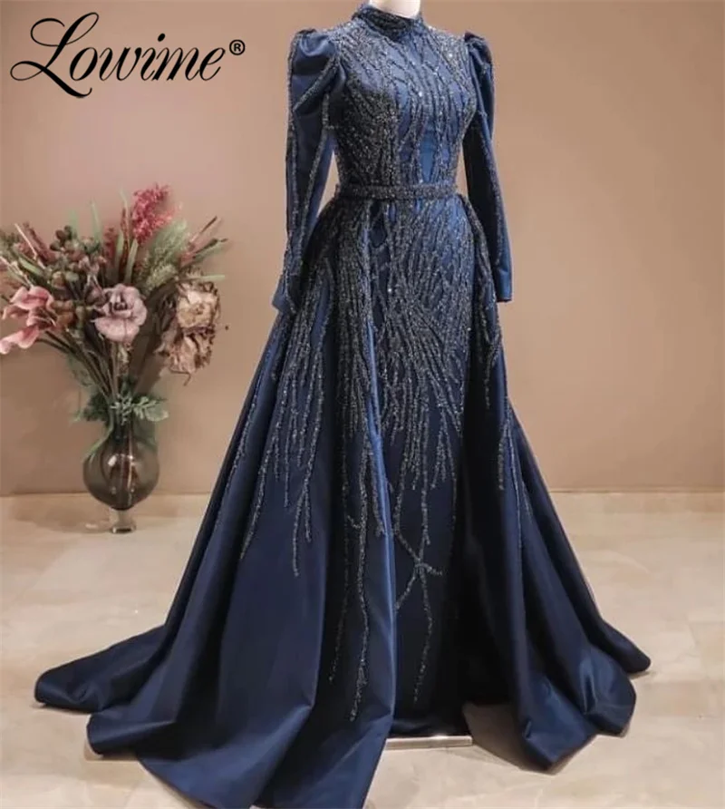 

Navy Blue Evening Dress Women Long Sleeves Dubai Formal Party Gowns Sequined Beaded Mermaid Prom Dresses With Detachable Train