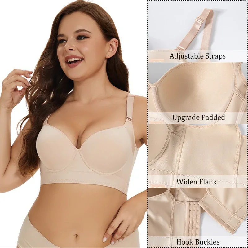 New Full Back Coverage Push Up Bras Women's Hide Back Fat Deep Cup Shapewear Fat Smoothing Uplift Underwire Bra for Big Bust