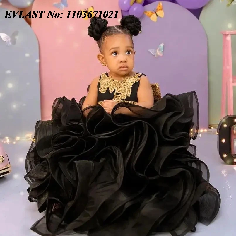 

EVLAST Customized Black Girls Party Dress Gold Beading Sequins Flower Girl Dress Kids Little Baby Ball Gowns for Weddings FD39