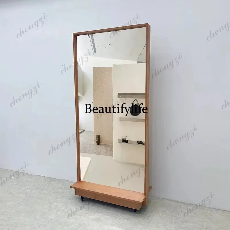 K153 clothing store fitting,   solid wood frame floor-to-ceiling movable mirror, women's clothing store fitting, ultra-white mir