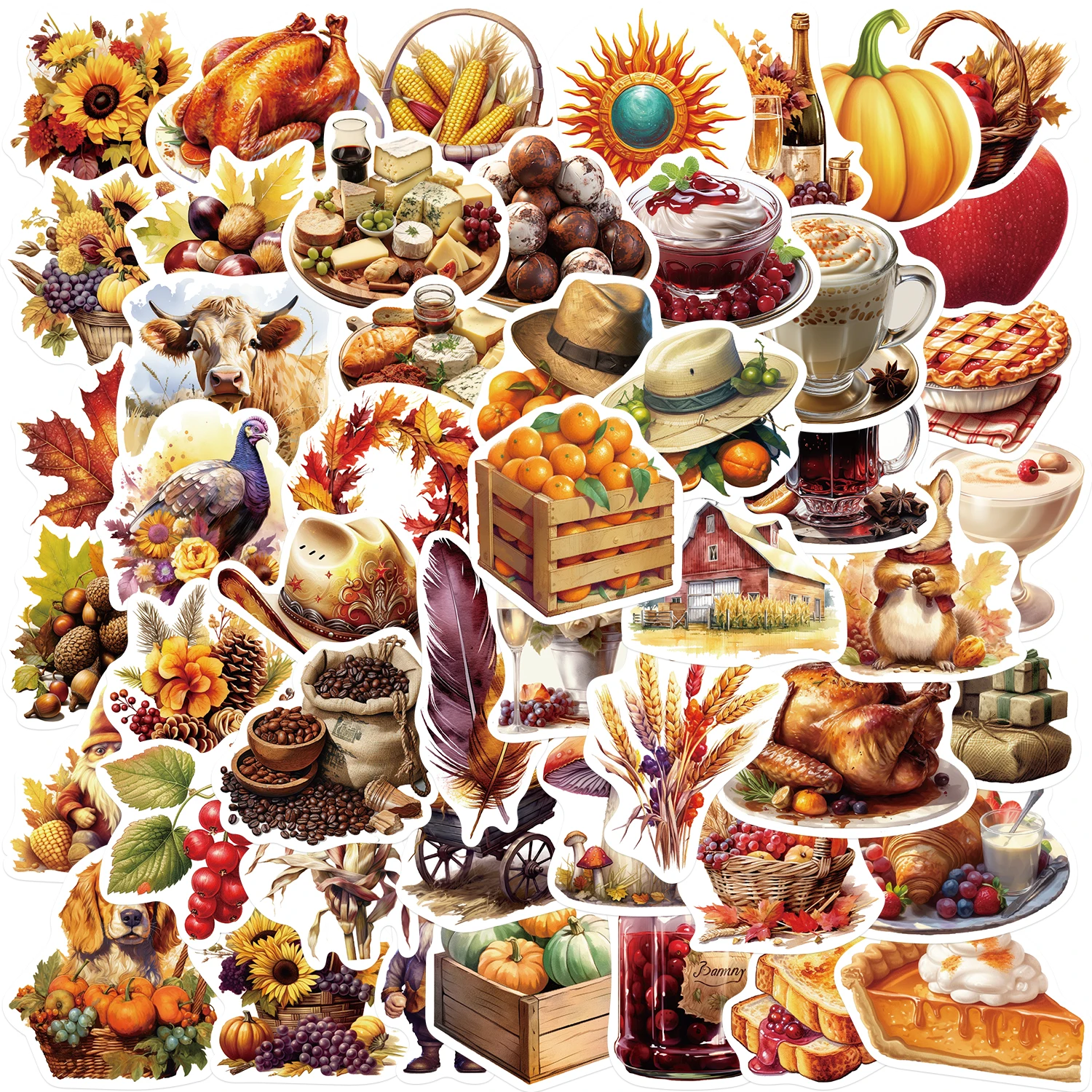 50-teiliges, lebendiges Thanksgiving-Aufkleber-Set, Vinyl-Aufkleber für Glasoberflächen für Erwachsene und Herbst- und Thanksgiving-Dekorationen