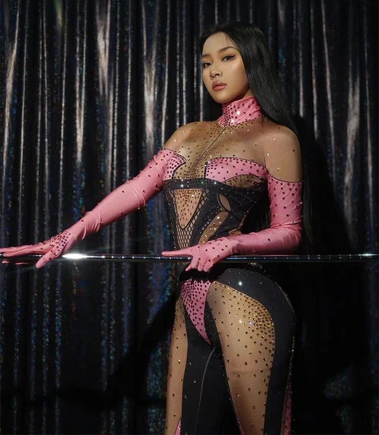 sexy blue pink rhinestones long sleeve jumpsuit women pole club Leotard Dance birthday party DS Singer drag queen Costumes