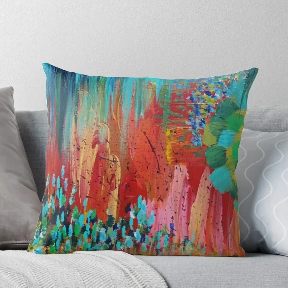 REVISIONED RETRO - Bright Bold Red Abstract Acrylic Colorful Painting 70s Twist Vintage Style Hip Throw Pillow