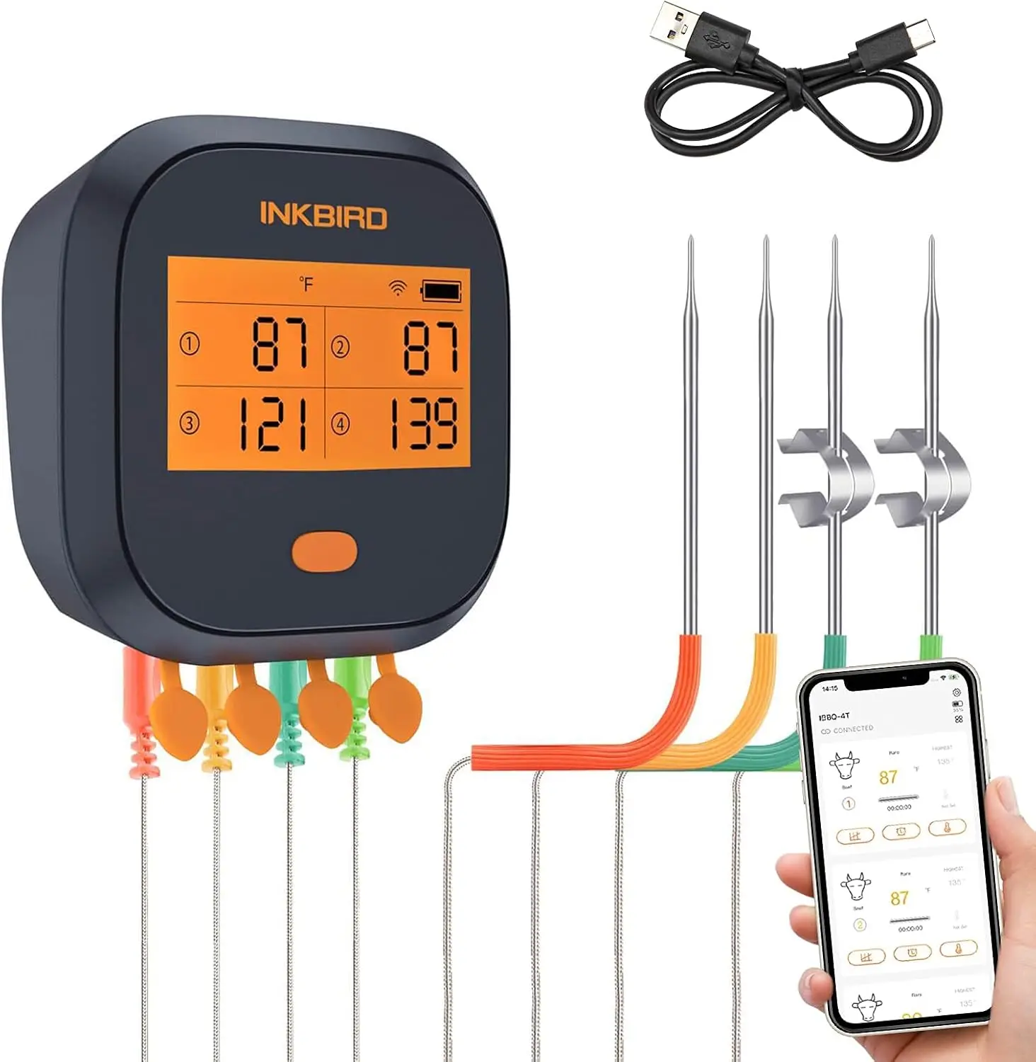 

WiFi Meat Thermometer with 4 Probes, Wireless BBQ Smoker Oven Temp Monitor App Alerts Rechargeable