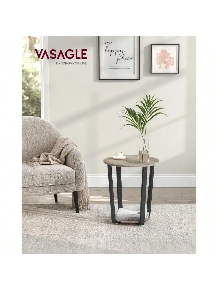 VASAGLE End Table, Round Side Table With Storage Shelf, Easy Assembly, Industrial Accent Furniture With Steel Frame, Heather