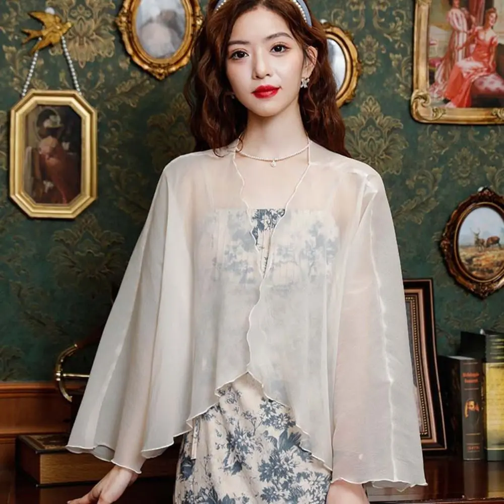 

Transparent Chiffon Small Shawl Jacket Ruffle Long Sleeve Chiffon Cardigan Shirt Sunscreen Thin Sun Protection Cardigan Tops