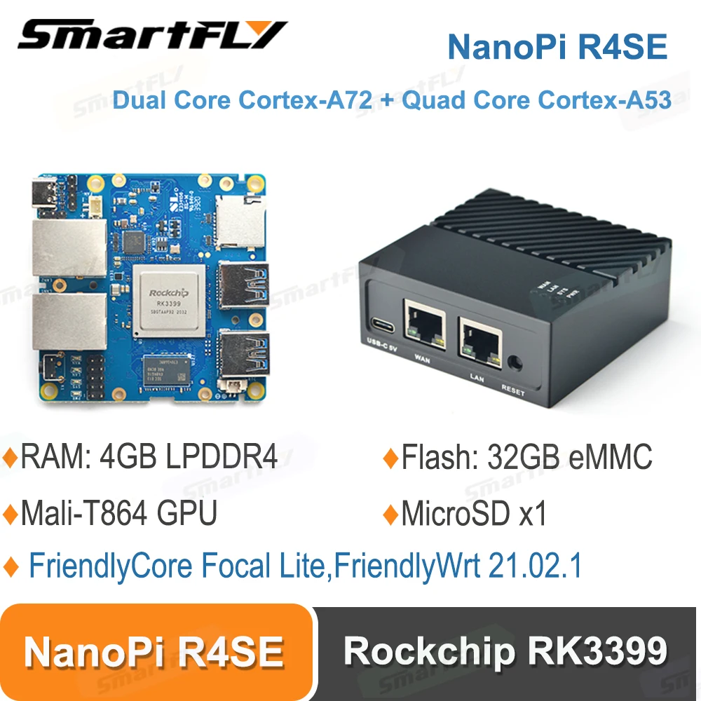 Smartfly NanoPi R4SE Rockchip RK3399 SOC  Mini Portable Travel Router OpenWRT 4GB LPDDR4 32GB eMMC Mali-T864 GPU 4K VP9 Dual VOP