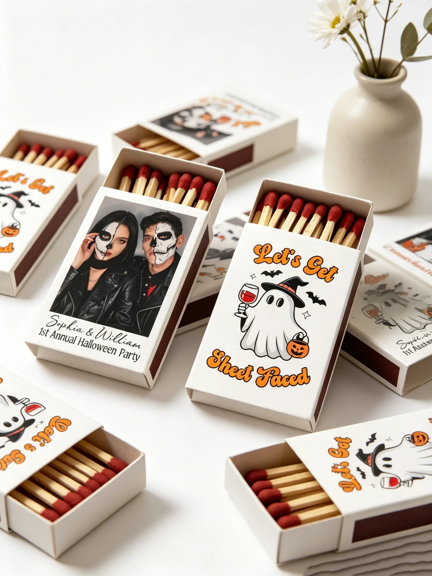 

Custom Photo Halloween Matchboxes Ghost Spooky Wedding Party Favors Let's Get Sheet Faced Guest Gifts