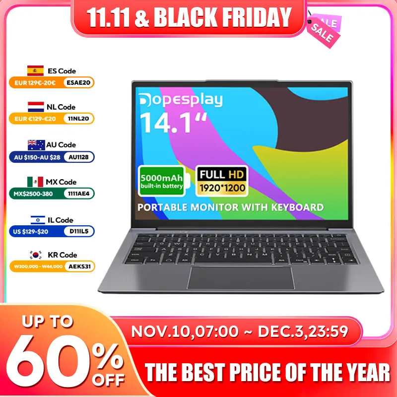 

Dopesplay 14,1-дюймовый портативный ноутбук-монитор с клавиатурой и батареей 1080P IPS 60 Гц экран для ноутбука Steam Deck Mac Phone