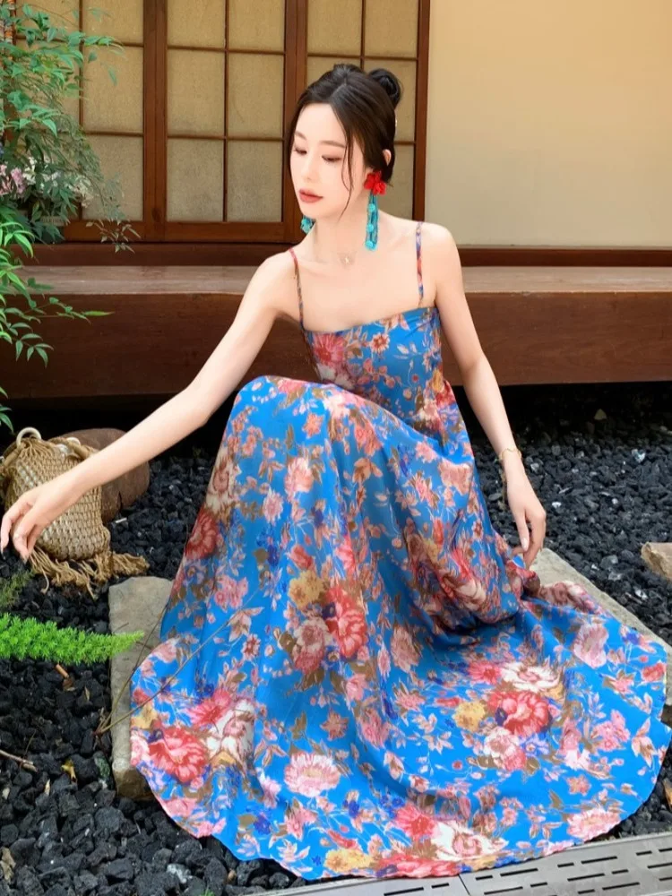 レトロな青い花柄プリントのテル・ド・ビーチ・ヴァイオン美しいユニークなルーズロングスカート夏の綿ポリエステル