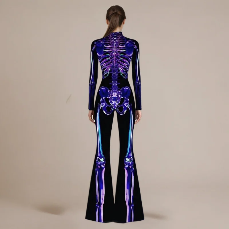 Mehrfarbiger Schlaghosen-Body mit Regenbogen-Effekt, ausgestellter Catsuit für Rave-Partys, Halloween, Schmetterlings-Skelett-Jumpsuit-Outfit 2026 – Detail 14