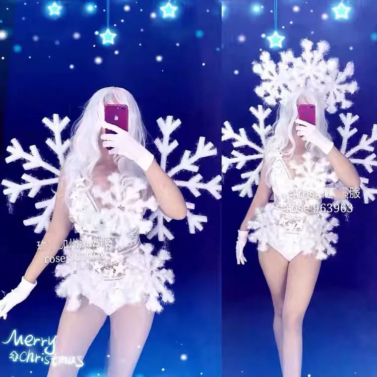 

Woman Nightclub Snowflake Singer/Dancer Sexy Costume Performance Stage Jumpsuit Snow Party Outfit With Glove,HeadWear