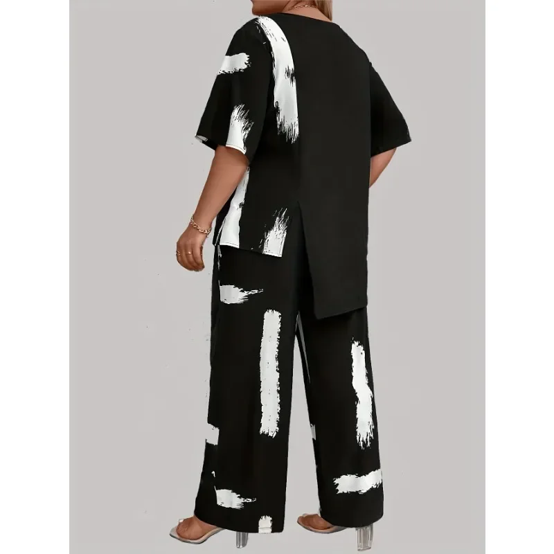 Plus Size 1XL-5XL Women's Fashion Brush Print EleganceRound Neck Short Sleeve Split Top & Matching Pants 2 Piece Outfit Set