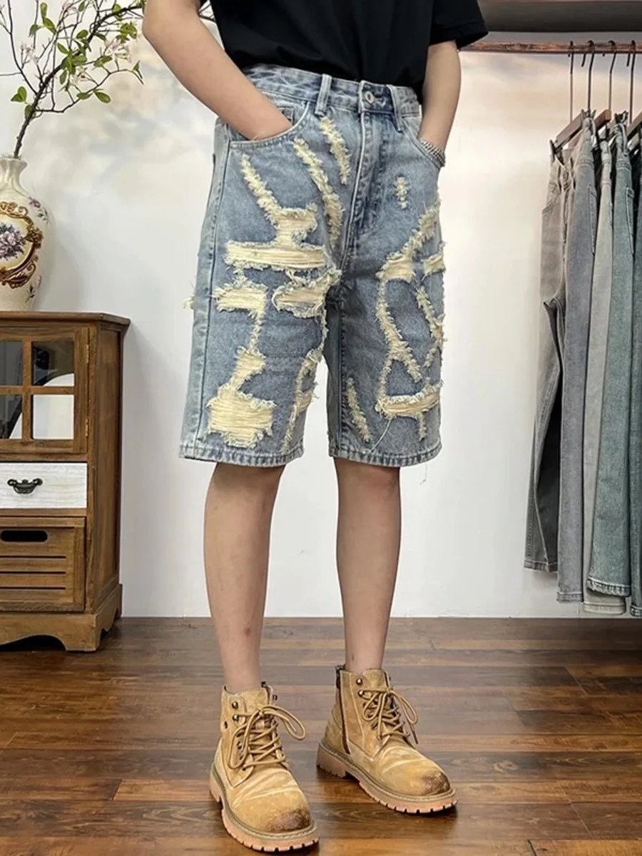 American High Street Heavy Duty Men's Denim Shorts Trendy Loose Straight Cut Five-Point Casual Fashionable Shorts