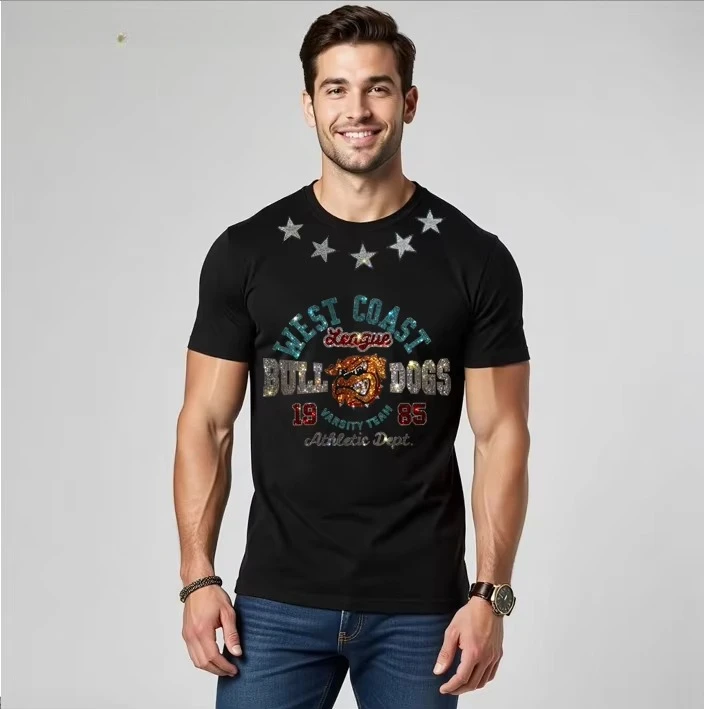 2026 Neues Cooles Luxus-Kristall-Strass-Herren-T-Shirt aus Reiner Baumwolle mit O-Ausschnitt, Kurzarm, Sommer-Street-Style, Weich und Bequem – Detail 5