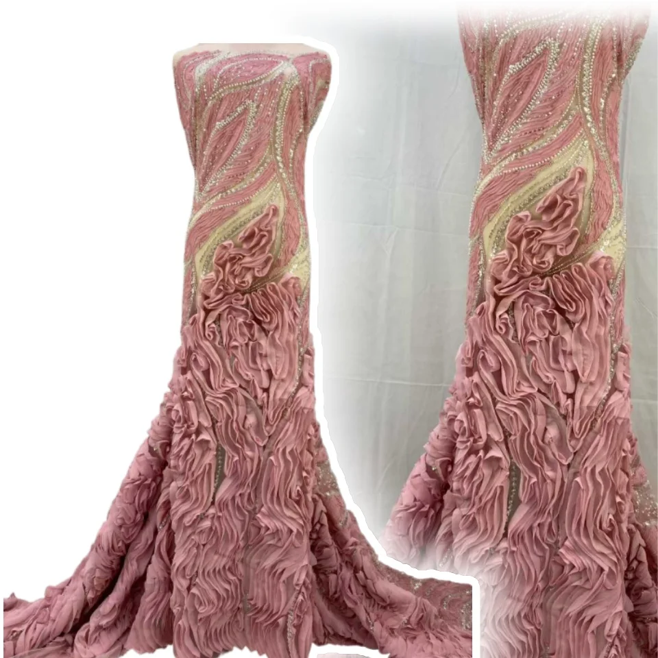 

3D African Beaded Pearls Lace Fabric Embroidery French Sequins Lace Fabric Nigerian Tulle Laces Sequence Lace for Sewing AH1224