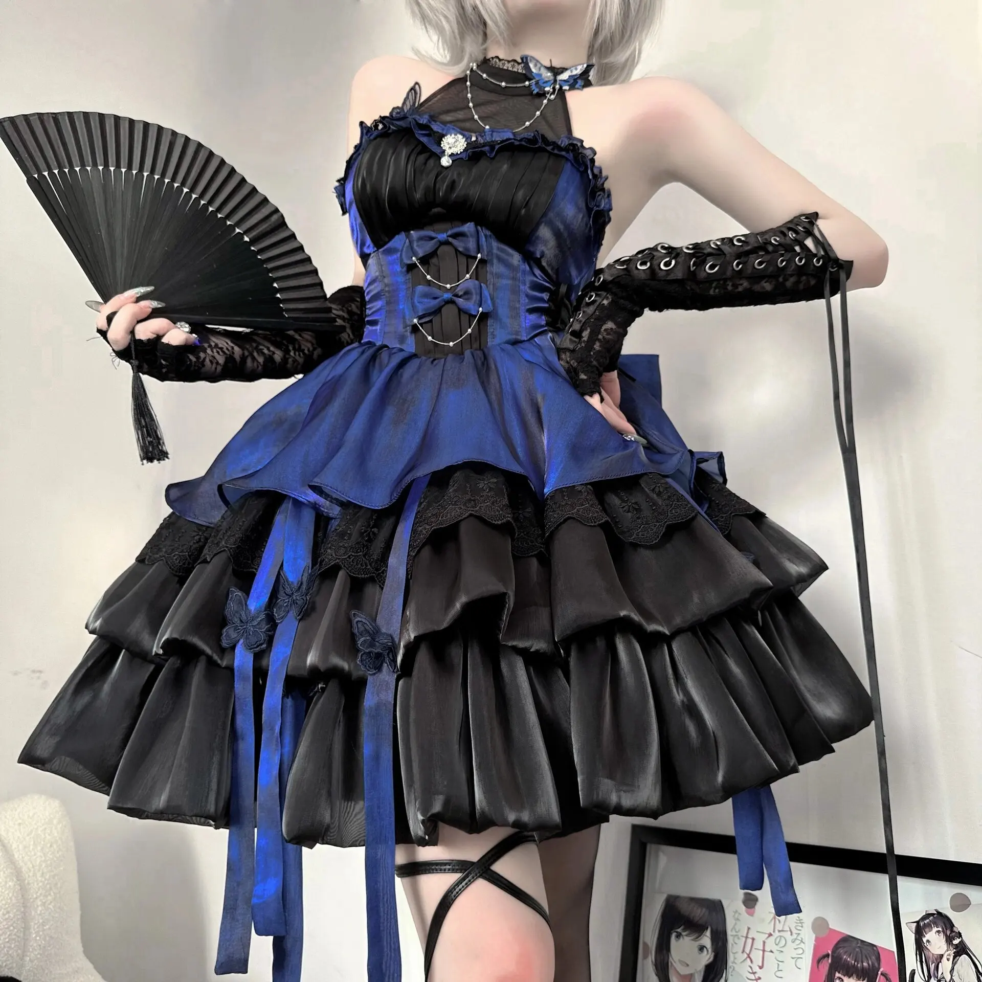 Black and Blue Lolita Style Super Pure Halter Spaghetti Straps Short Skirt Trailing Pettiskirt