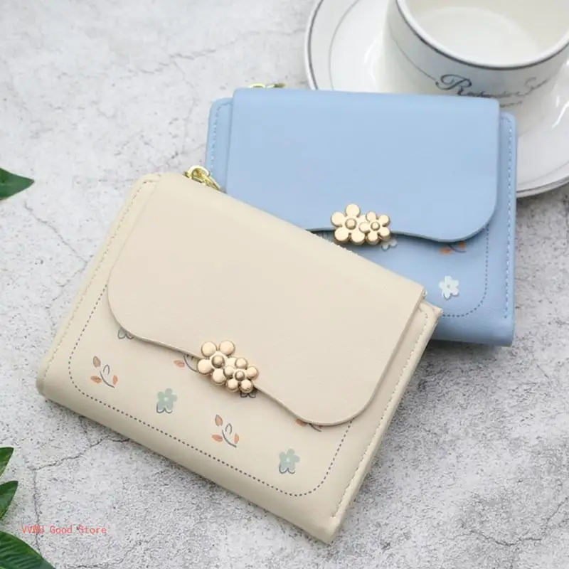 Womens PU Leather Small Purse Floral Print Short Coin Wallet with Multiple Comparments Card Slots Zippered Money Purse