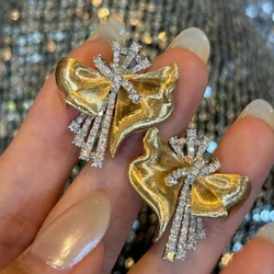 Classic irregular wire drawing bowknot earrings exquisite wedding light luxury earrings for women copper inlaid zircon jewelry