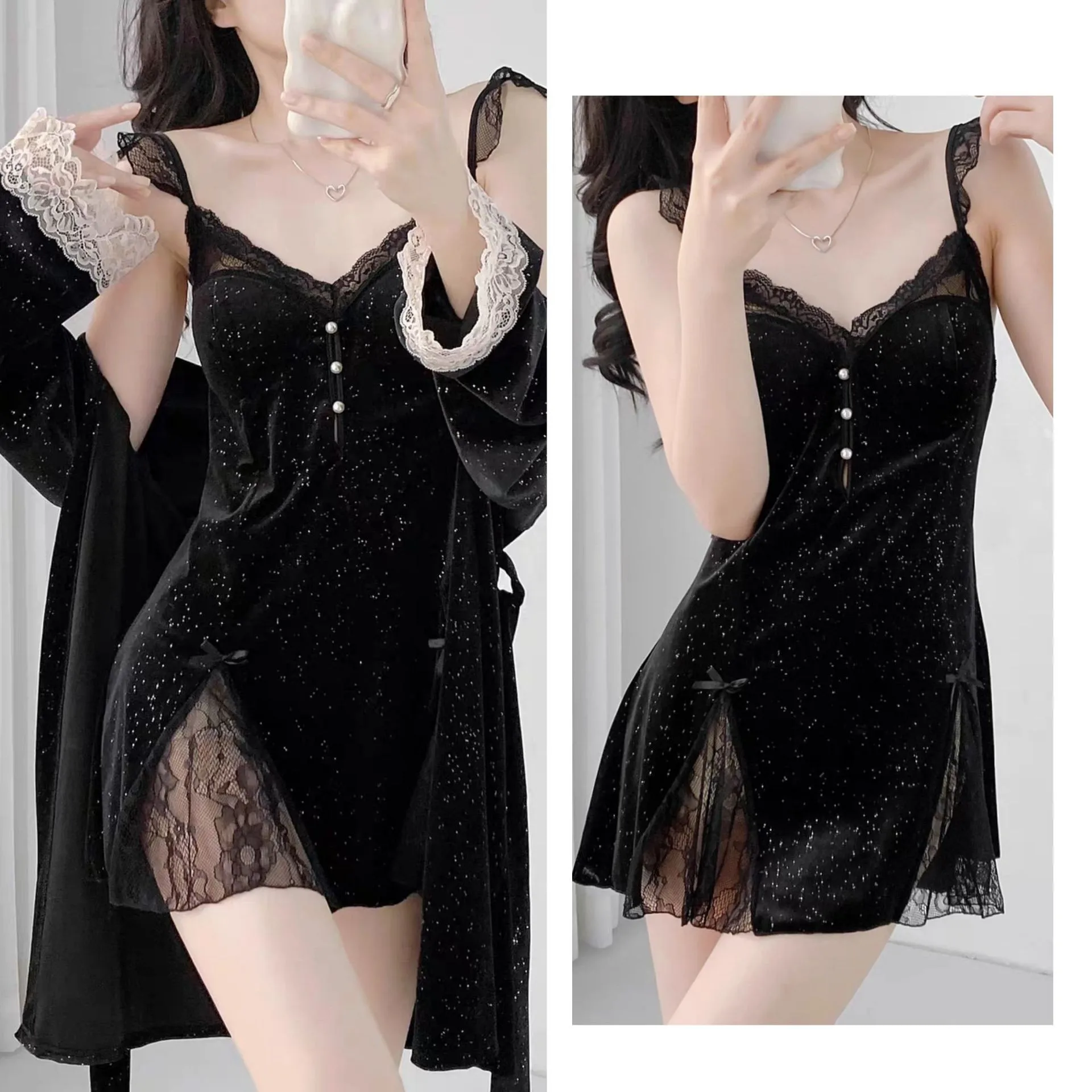 

Sexy Lace Trim Nighty & Robe Set Velvet Sleepwear Nightgown Autumn Winter New Kimono Bathrobe Gown Velour Home Wear Loungewear