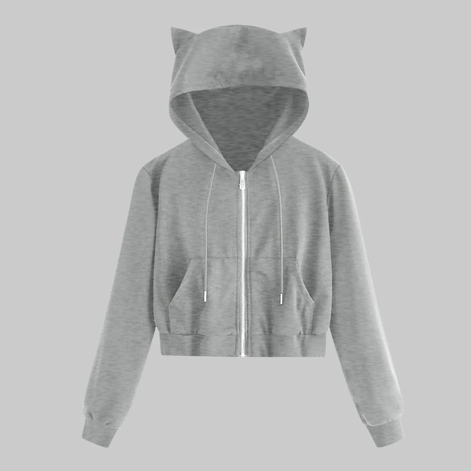 Solid Color Cat Ears Hoodie Women'S Drawstring Zipper Hoodie Korean Version Of The Trend Fashion Short Version Of Top