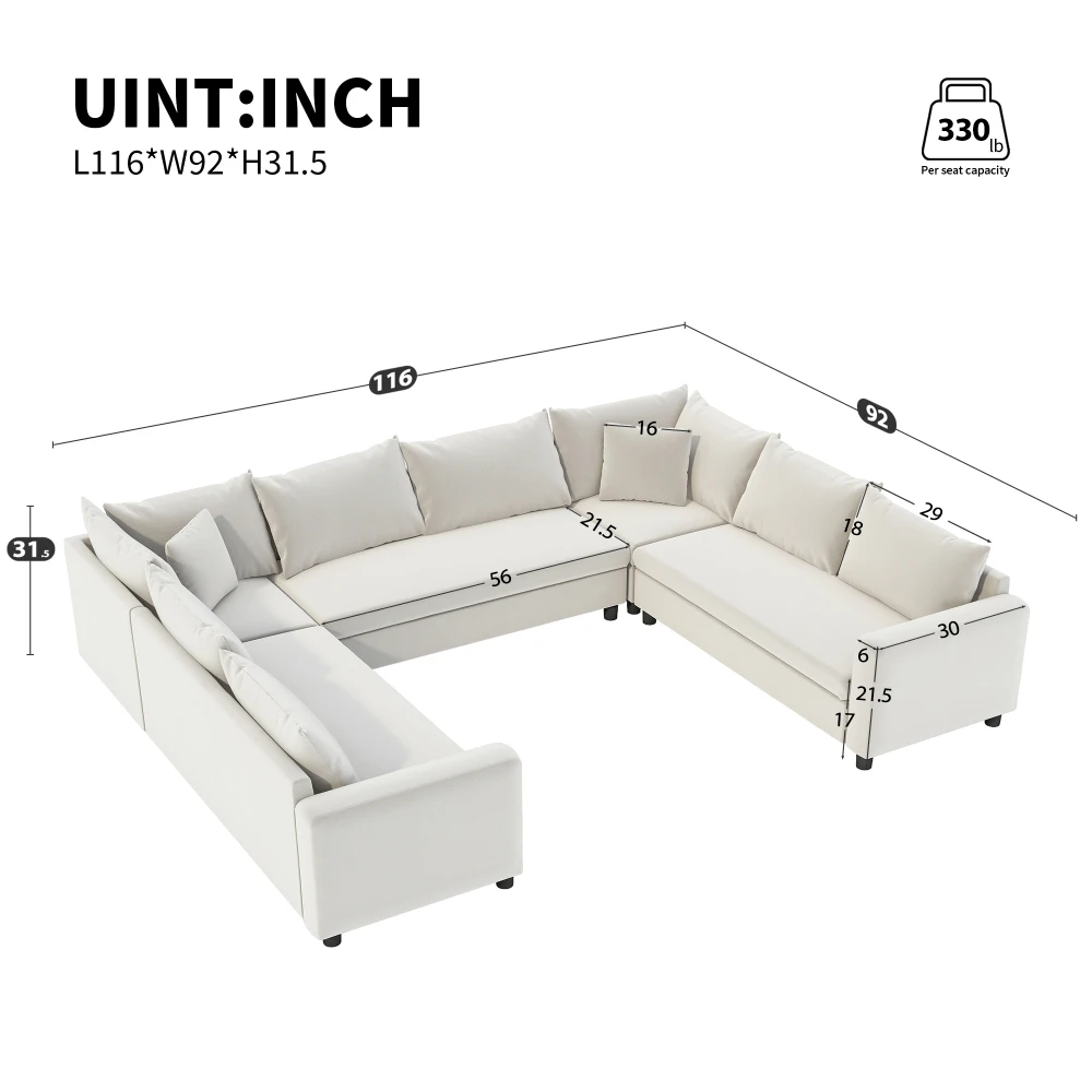 116''x92'' Modular Sectional Sofa, Reversible U-Shaped Chenille Couch, 8-Seat Convertible Sofa, Minimalist Style for Living Room