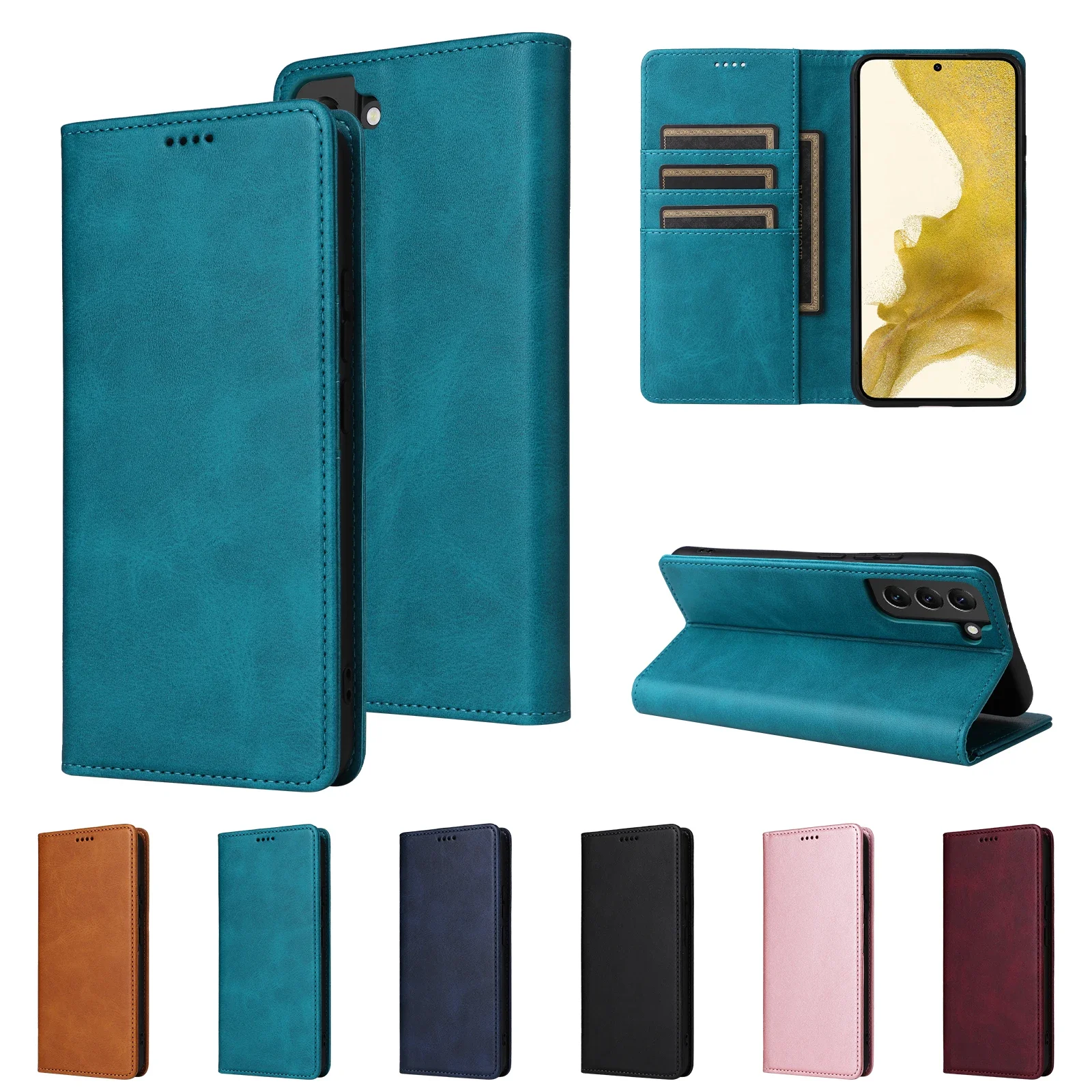 

6X*solid color Leather Case Wallet Flip Phone Case For SAMSUNG GALAXY S22 S23 S24 Plus FE LITE ULTRA 5G