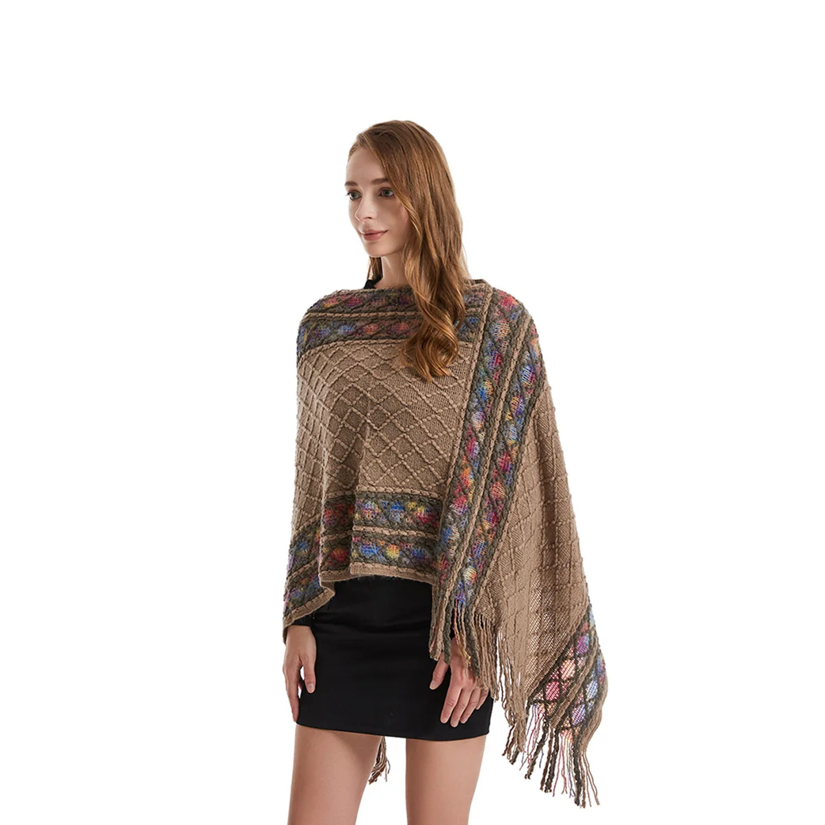 Women Spring Autumn Poncho Unique Vintage Shawl Lady Knitted Two Way Wrap with Tassels Loose Ethnic Sweater Retro Style Pullover