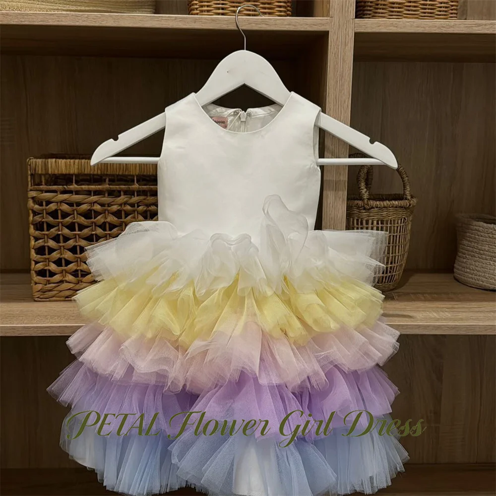 Petal Cream White and Flower Girl Dress Rainbow Gradient Baby Kids Birthday Dress Round Neck Sleeveless Pageant Dress for Girl