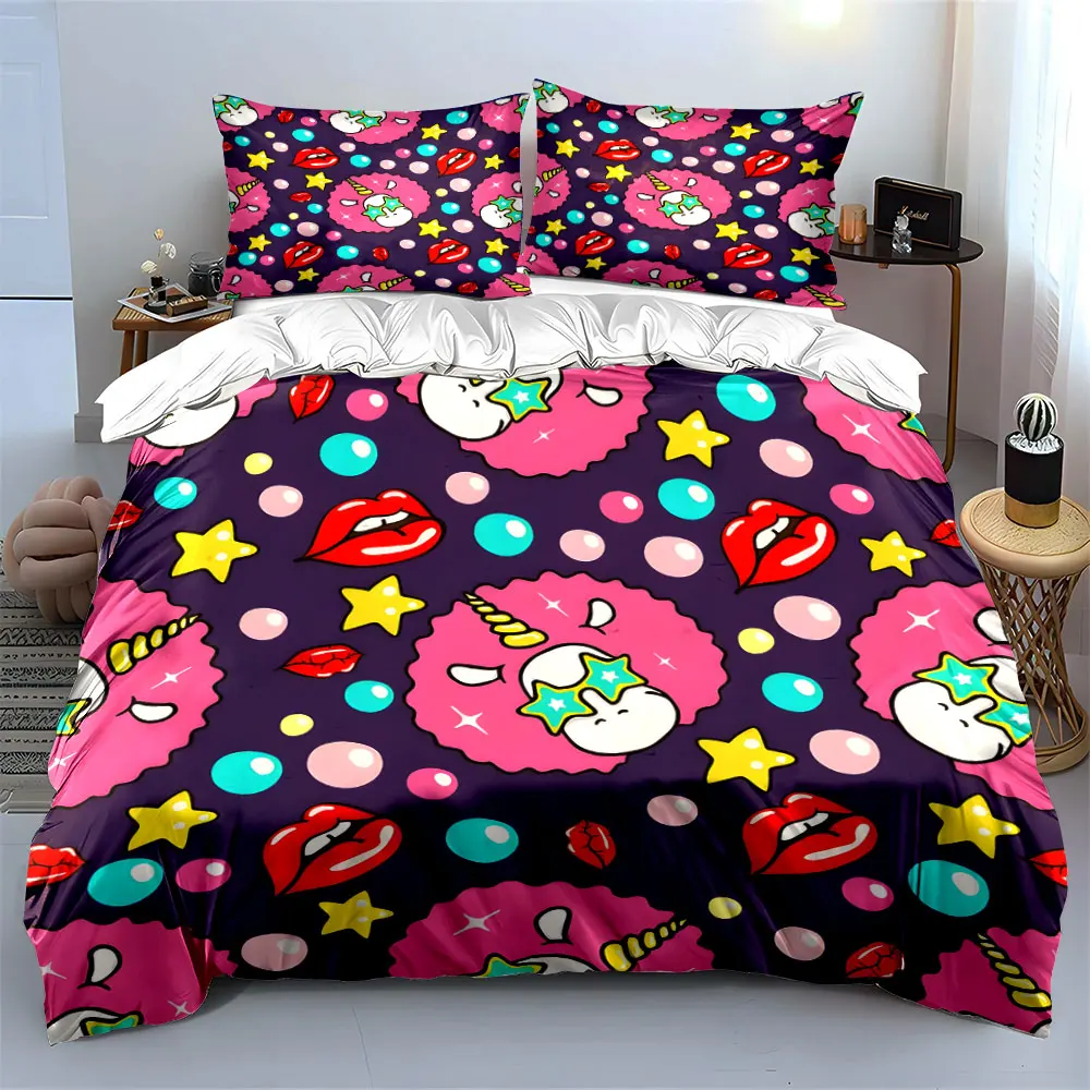 Whimsical Pattern with Unicorns and Stars Print Bedding set 3PC 1 duvet cover 2 pillowcases adult and children bedding set