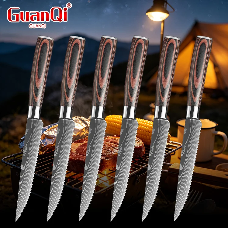 Household Steak Knives 1-6pc/Set Sharp Serrated Blade Wooden Handle Stainless Steel Dinner Cutlery For Kitchen Restaurant