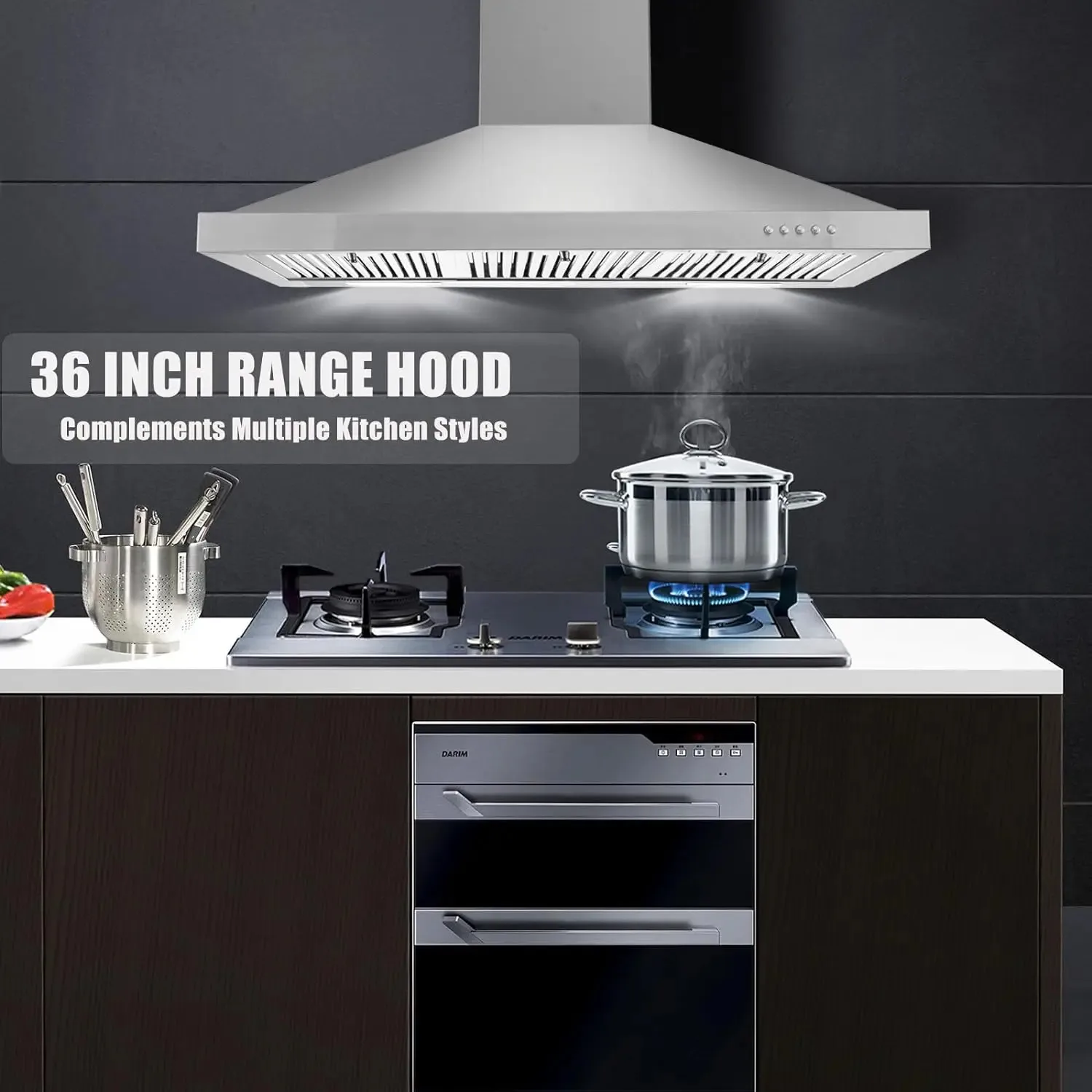 Zomagas-Wall Mounted Vent Hood in Staless Steel, Ducted and Ductless Kitchen  with Push Button Control, 36