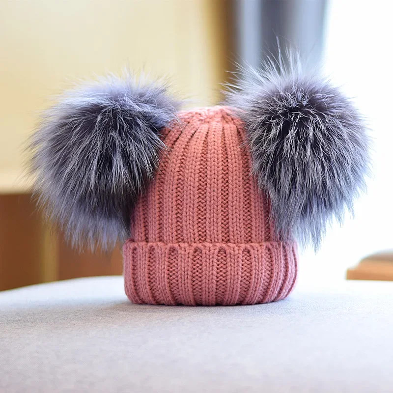 woman wool hats natural fur fox ears hats knitted beanies warm comfortable fashion girls pompom hat with silver fox fur balls