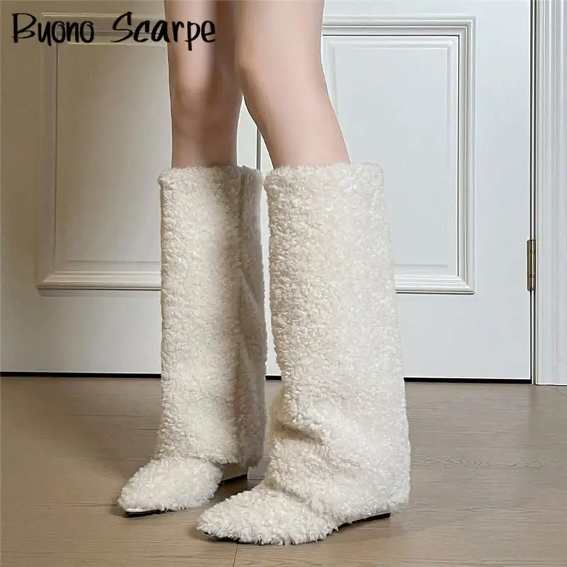 

2025 Winter Fur Pointed Toe Knee High Women Snow Boots Solid Color Slip On High Heels Wedges Fashion Western Concise Sexy Shoes