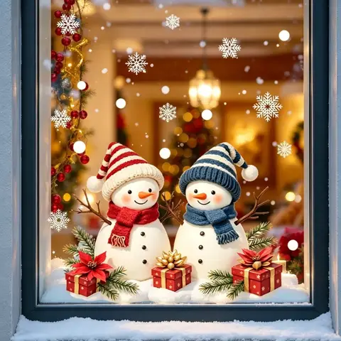 1PC Cute Snowman Snowflake Gift Box Christmas Static Stickers No Trace Window Clings for Store Glass Holiday Party Decor