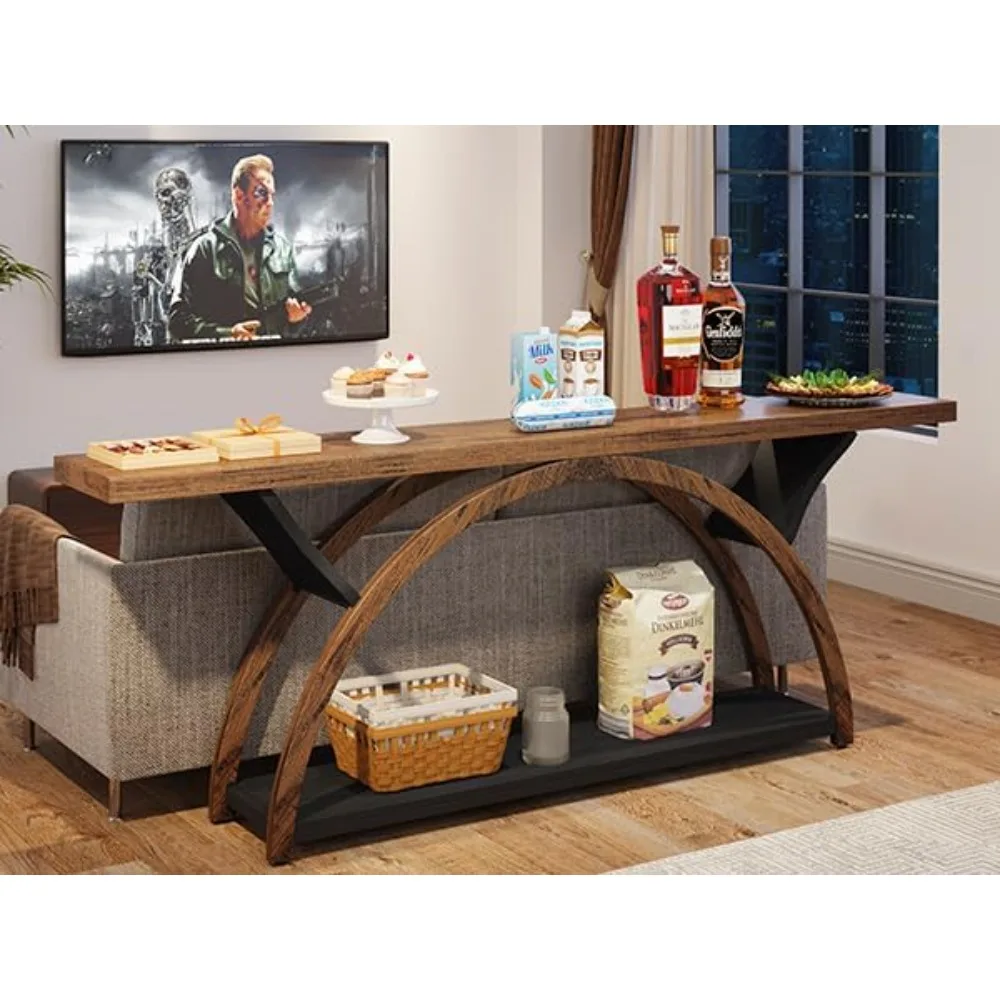70.87" Console Tables for Entryway, Narrow Long Entryway Table with Storage Shelf, 2-Tier Rustic Sofa Table with Half Moon Fram
