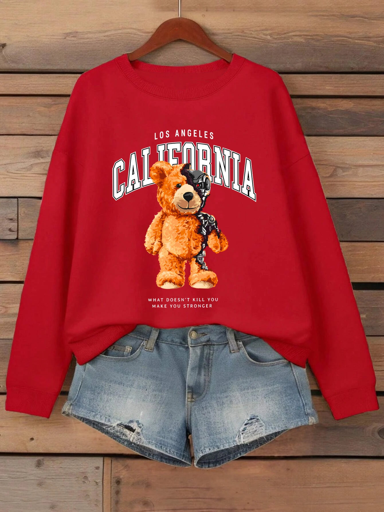 Urso mecânico califórnia carta impressão moletom feminino crewneck jogging roupas casuais solto streetwear outono velo pulôver