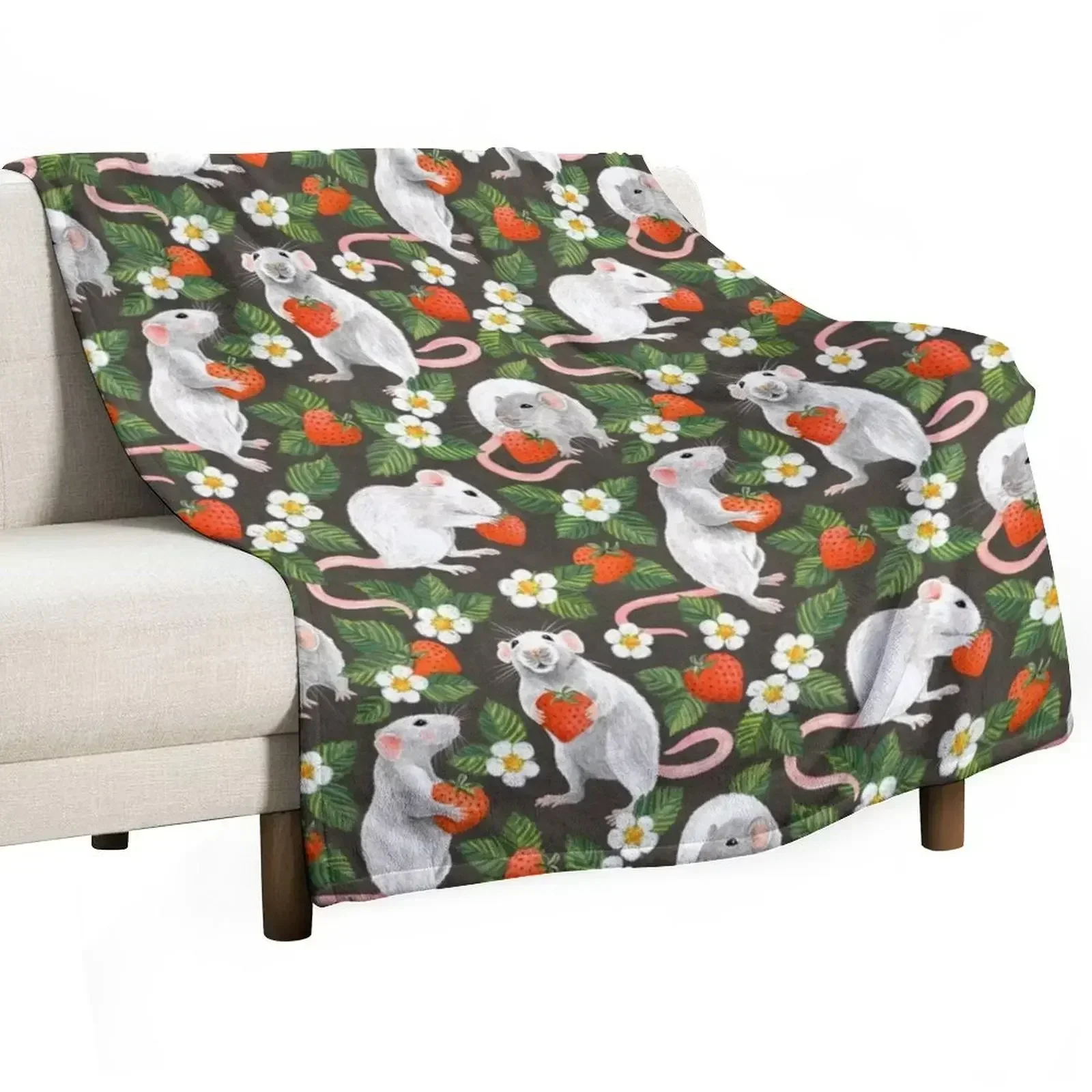 

Rats Love Strawberries on vintage dark brown Throw Blanket Plaid on the sofa Large bed plaid Cute Plaid Blankets