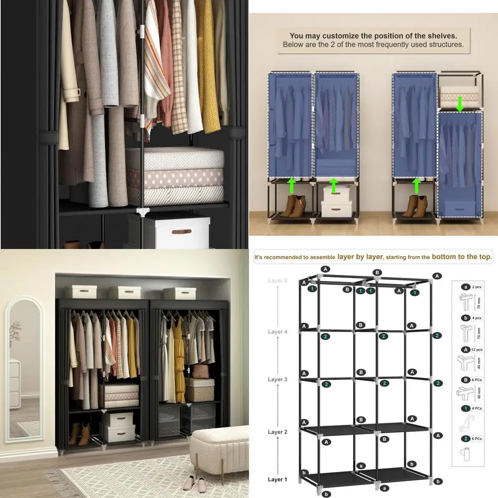 

Компактный органайзер для гардероба 35 с двойными подвесными стержнями и 4 полками, черный нетканый материал