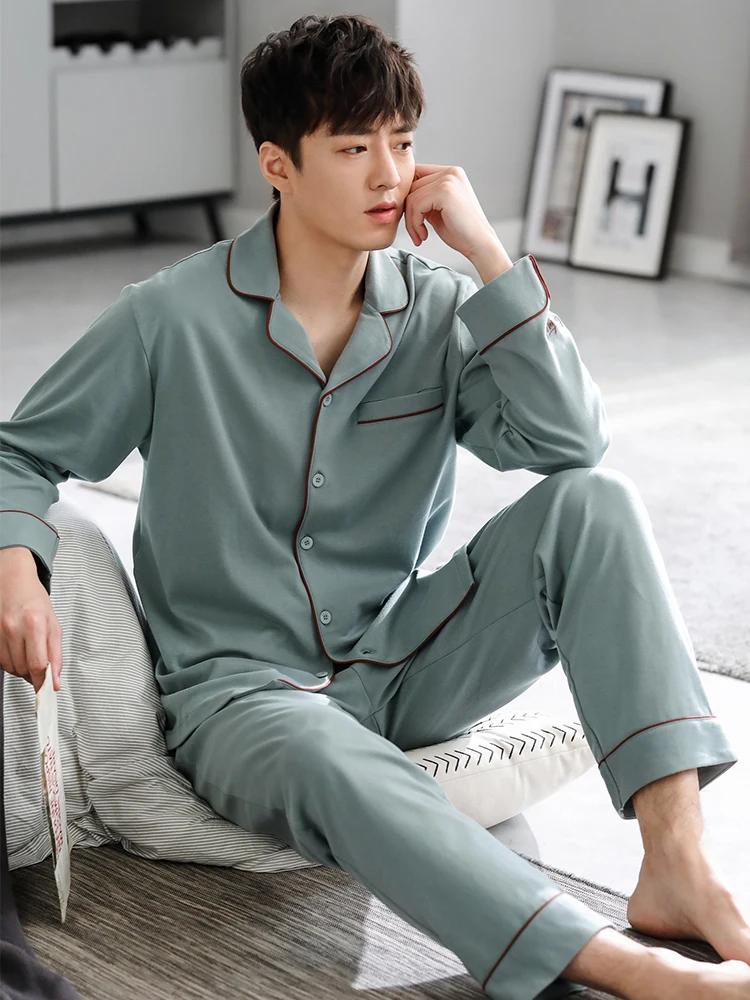 Home Comfort Men's Long Sleeve Cotton Pajamas Spring Autumn Style Casual Set Soft Breathable Loose Fit Button Decorated Sweater