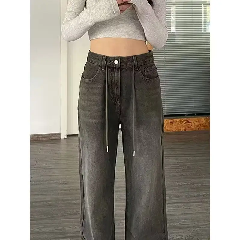 

Retro Floor-Length Denim Jeans Women's Spring Autumn New plus Size Loose Straight Leg Slimming Pants Versatile High Waist