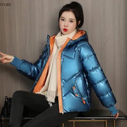 Chaqueta de pan de manga larga brillante coreana, ropa de nieve cálida a prueba de viento, abrigo suelto con capucha, algodón acolchado, Parkas cortas gruesas