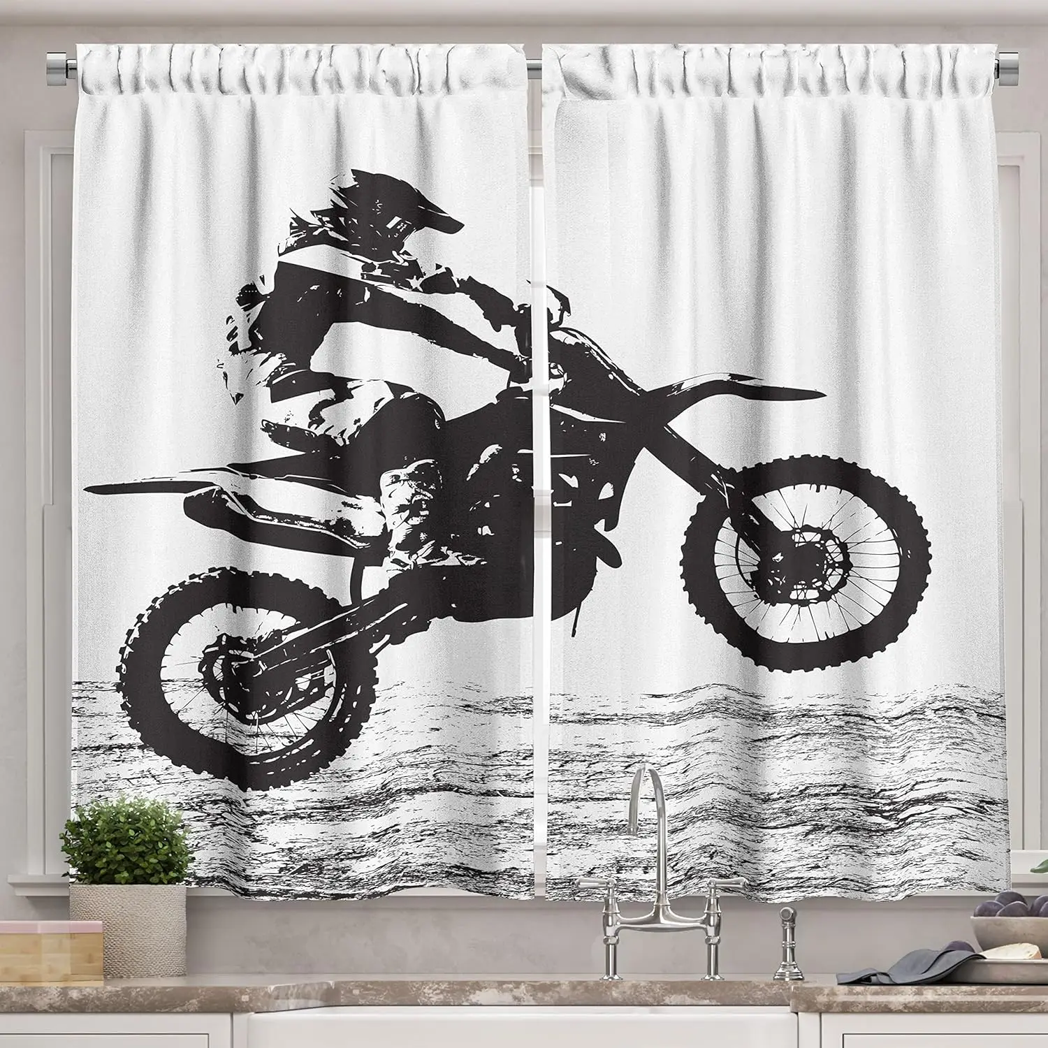 

Кухонные шторы Lunarable Dirt Bike, силуэт чемпионата учащегося гонщика для мотокросса, опасный спорт, оконная драпировка