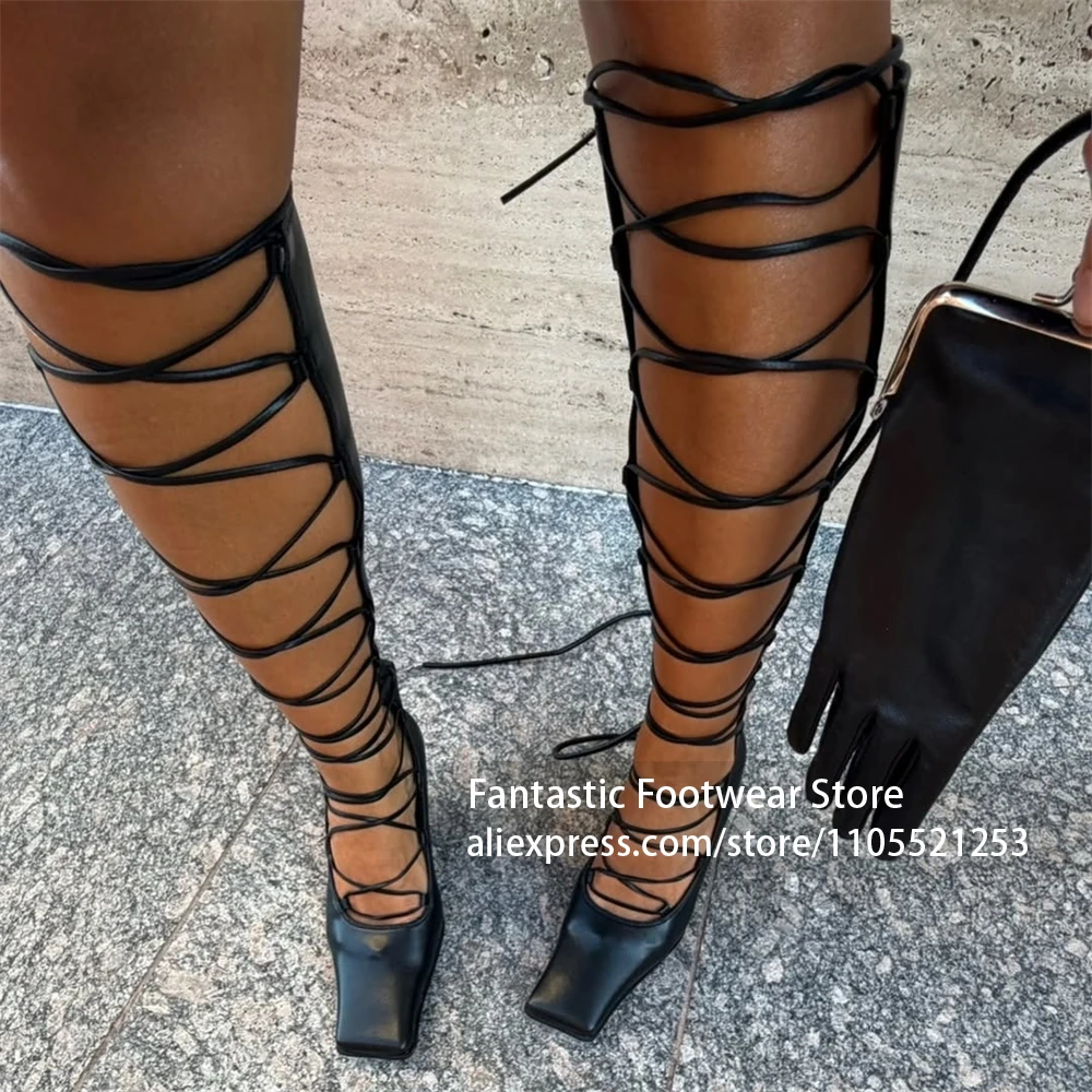 Square Toe Sculpted Wedge Heel Knee High Gladiator Sandals Cross Lace Up Hollow Out Black Casual Fashion Dress Shoes for Women - view 6