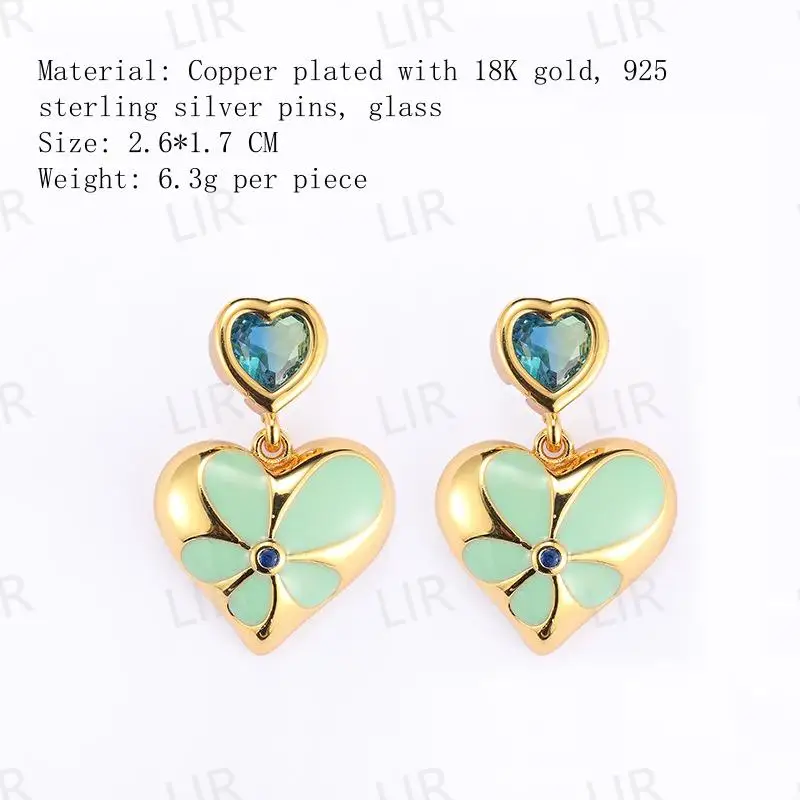 

LIR French Retro Earrings Flower Drip Oil Enamel Heart Gold Plated Inlaid Blue Pendant Sweet Romantic Trendy Chic Fashion Gift