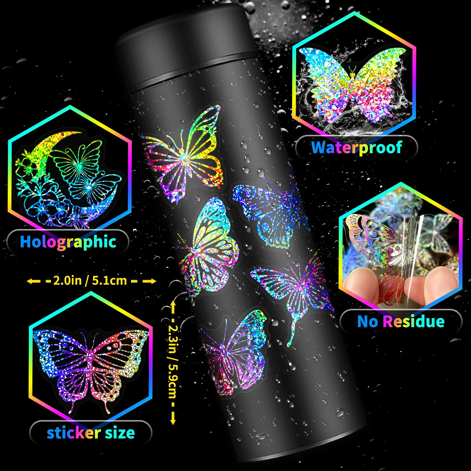 100 PCS/PACK Transparent Butterfly Laser Stickers Holographic Stickers PET Creative Retro Stickers for Laptop,Water bottles,Helm