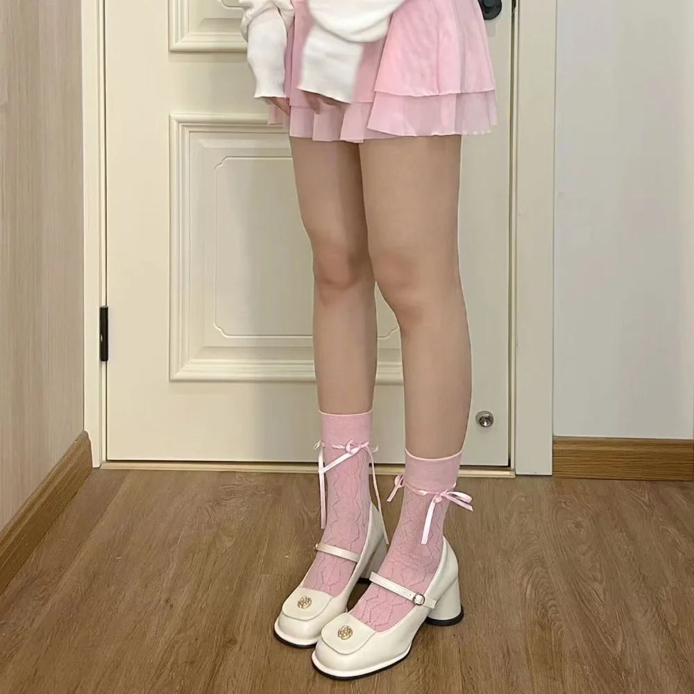 Medias de vendaje femeninas japonesas sin costuras con lazo de Lolita simples y transpirables calcetines de algodón calcetines largos medias dulces