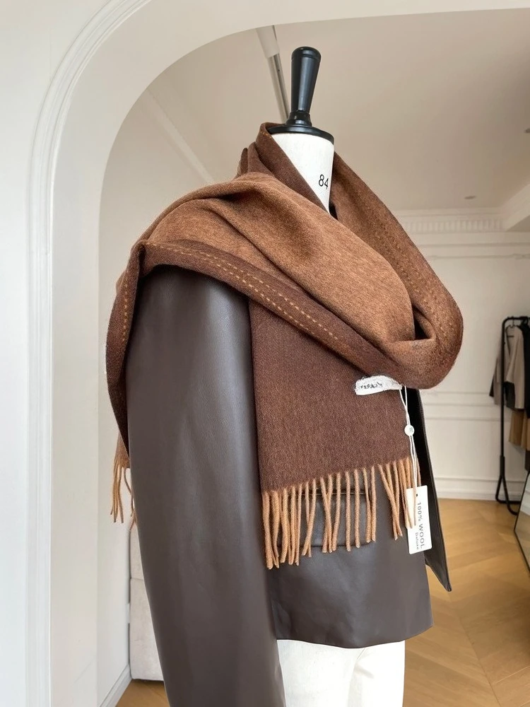 High Quality Australia100% Pure Wool Scarf Women Fall Winter Design Double-Sided Stitching Knitted Cashmere Shawl Female Muffler